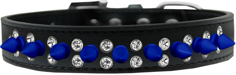 Double Crystal and Blue Spikes Dog Collar Black Size 12